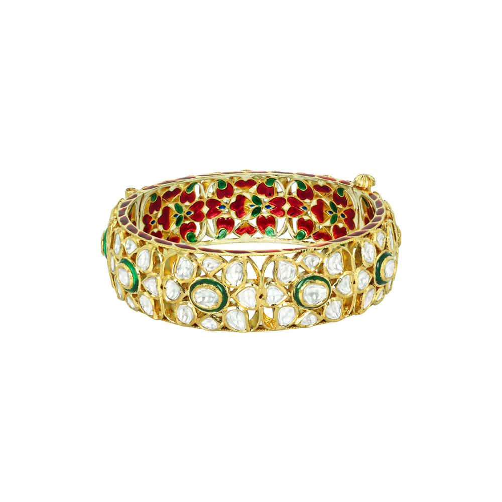 Half-Openable Bangle with Polki and Green Enamel